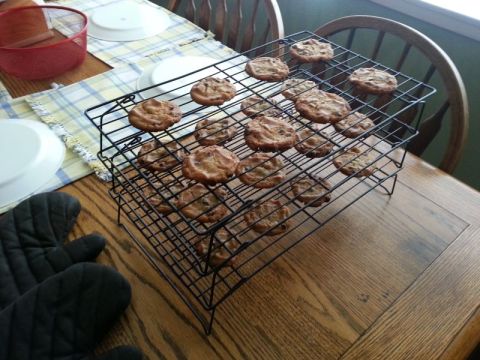 1990 Ford Bronco - Freshly baked cookies are cooling on a wire rack on a wooden table.