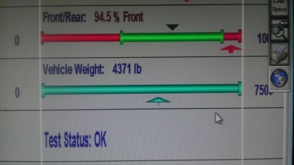 Screen shows vehicle weight of 4371 lb and 94.5% front alignment