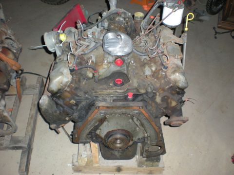 1986 Ford Bronco - Ford 7.3L IDI V8 engine, likely removed from a truck or SUV, displayed on wooden supports.