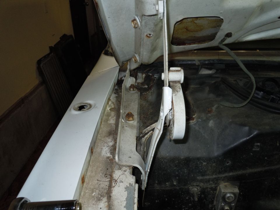 Close-up of a car's open hood hinge and surrounding area