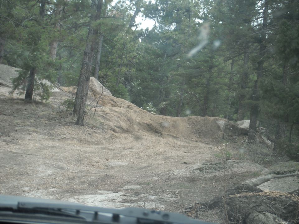 Dirt road with trees and a sandy hill, viewed from inside a vehicle