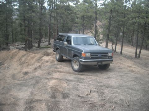 1990 Ford Bronco - This Ford Bronco is parked on a dirt road surrounded by pine trees.