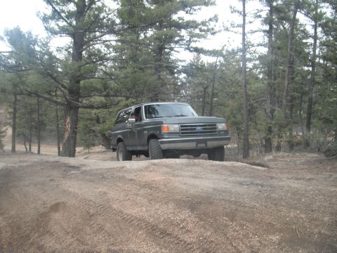 1990 Ford Bronco - A 1990 Ford Bronco navigates a wooded trail in Colorado.