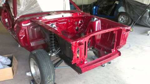1970 Ford Mustang - Body-off restoration of a 1970 Ford Mustang, showing the painted chassis and front end.