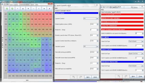 1995 Ford Probe - Engine tuning software screenshot showing a VE table beside launch control and hard rev limiter setting panels.