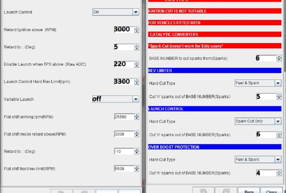 Computer screen displaying engine control settings with fields for launch control, rev limiter, and over boost protection
