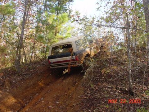1989 Ford Bronco - A vehicle is stuck on a steep, muddy incline surrounded by trees and fallen leaves.