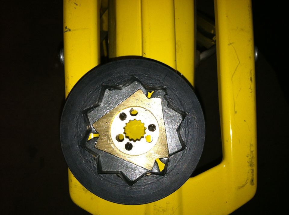 Clutch assembly with black outer ring and gold inner mechanism, mounted on yellow support
