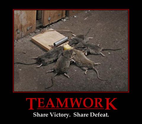 1989 Ford Bronco - A group of dead rats are gathered around a mousetrap, illustrating the theme of teamwork.