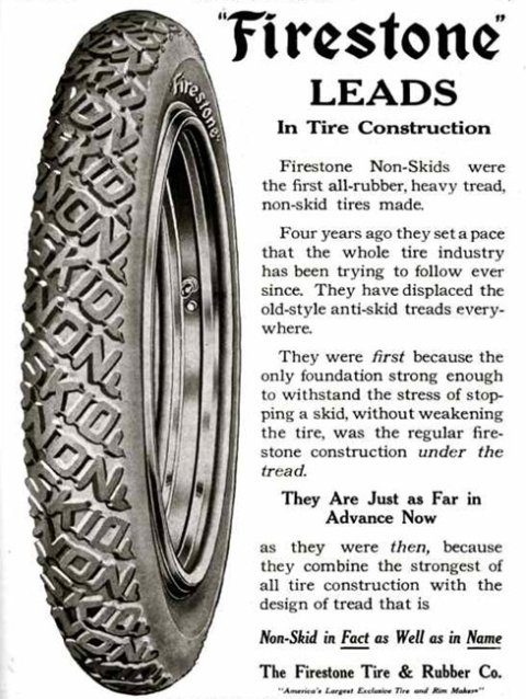 1909 Ford Model T - Advertisement for Firestone Non-Skid tires, highlighting their tire construction.
