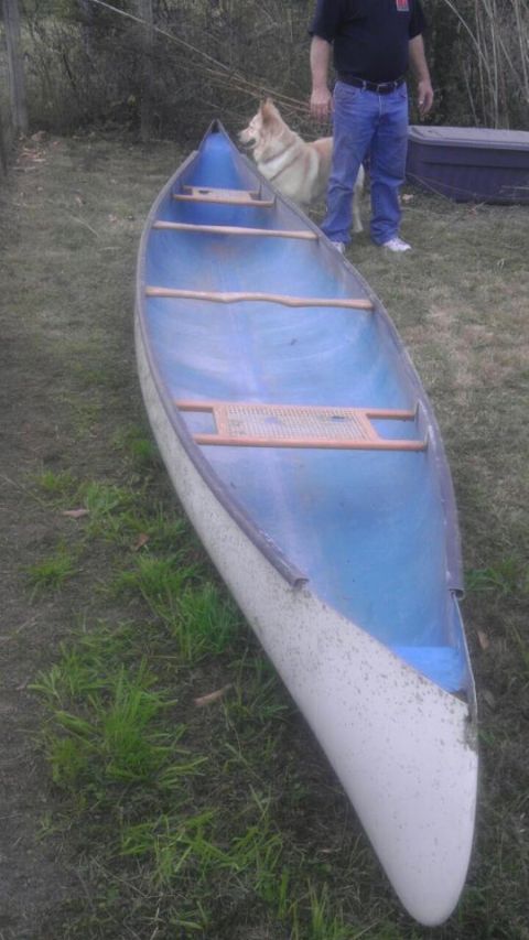 1989 Ford Bronco - A blue and white canoe rests on a grassy area, with a person and a dog standing behind it.