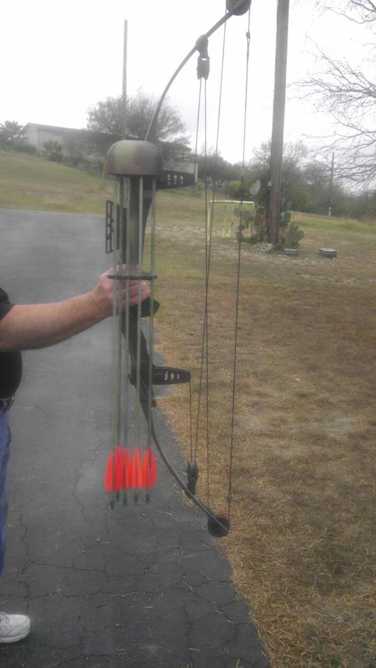 Compound bow with quiver of red-fletched arrows