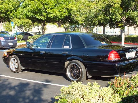 2003 Ford Crown Victoria - Glossy black Crown Victoria parked in a lot, viewed from the left rear over hedges.