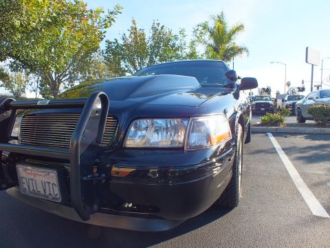 2003 Ford Crown Victoria - Push-bar-equipped black sedan showing a billet grille and a California EVIL VIC plate.
