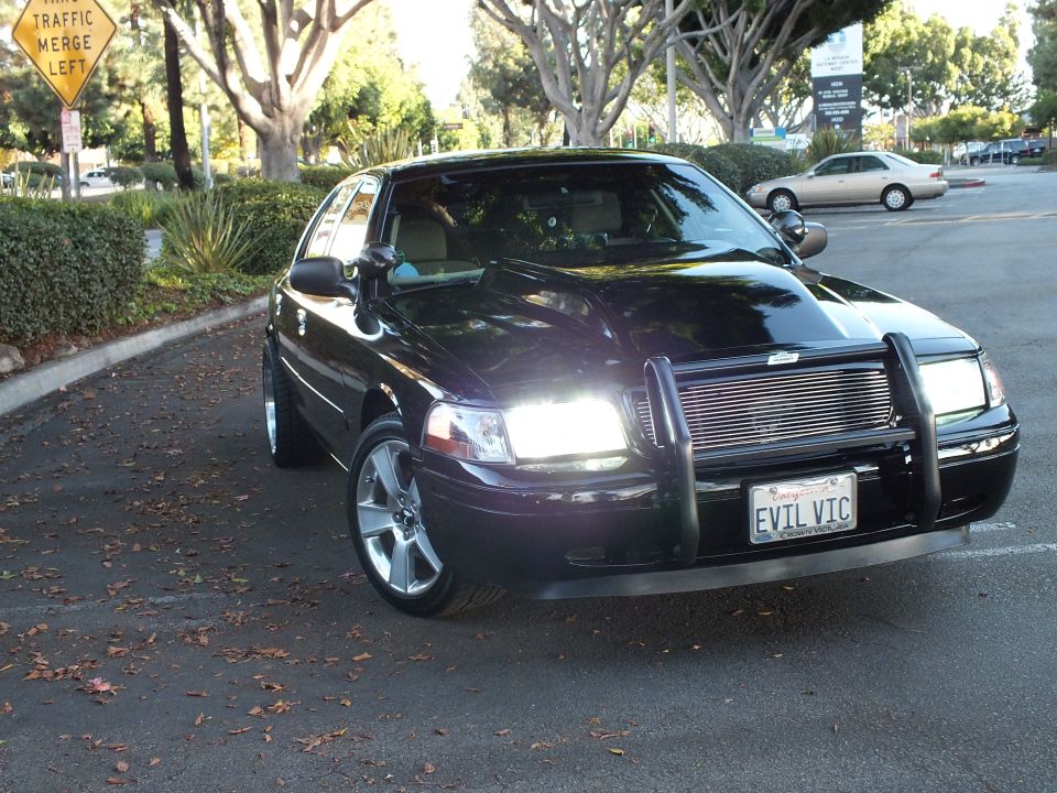 Dark Ford Crown Victoria front quarter, headlights on, grille guard, plate EVIL VIC