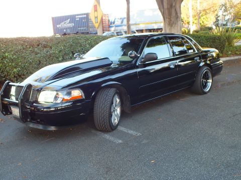 2003 Ford Crown Victoria - Lowered black Crown Vic on machined-face wheels, chrome push bar up front, hedge and lot behind.