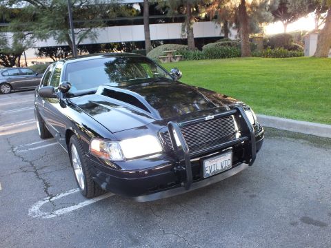 2003 Ford Crown Victoria - Front quarter of black Crown Victoria with cowl hood, brush guard, A-pillar spotlight and EVIL VIC plate.