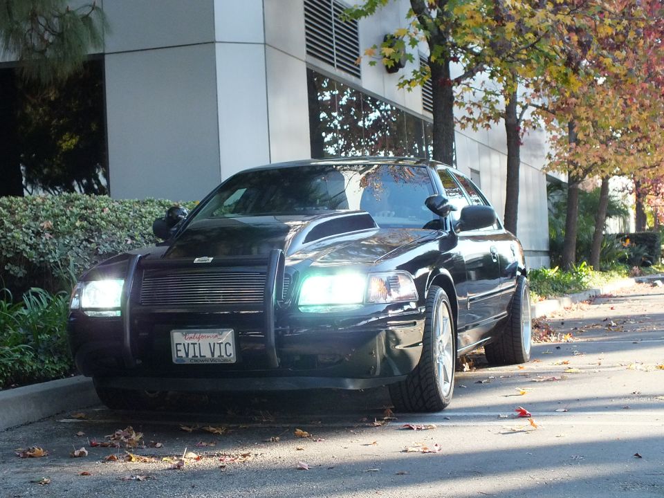 Front of dark Ford Crown Victoria with lit headlights, brush guard, EVIL VIC California plate
