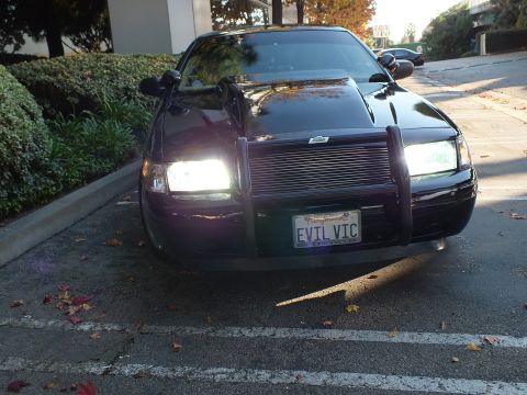 2003 Ford Crown Victoria - Frontal view of a black sedan with chrome billet grille, push bar and EVIL VIC plate in a parking stall.