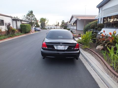 2003 Ford Crown Victoria - Straight rear shot of a black sedan, Ford oval and EVIL VIC California plate centered on the trunk.