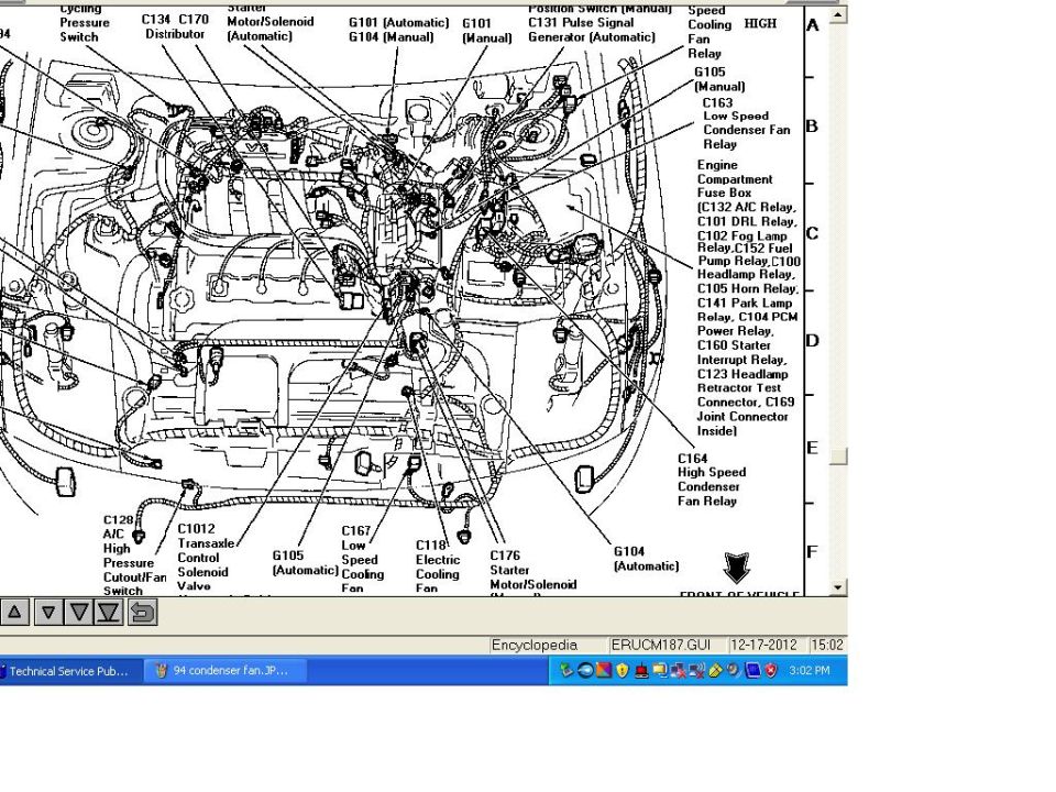 1994 Ford engine compartment relay and fuse-box component location diagram