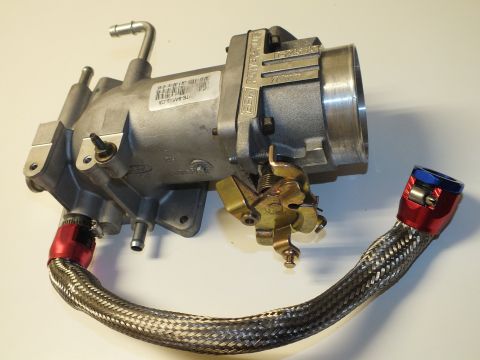 2003 Ford Crown Victoria - Cast intake elbow and throttle-body assembly with throttle linkage, braided hose and a red anodized fitting.