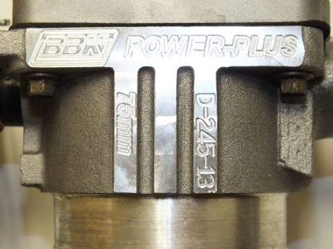 2003 Ford Crown Victoria - Detail of a cast-aluminum BBK Power-Plus throttle body engraved 75mm and part number D-245-13.