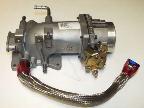 2003 Ford Crown Victoria - Aluminum intake manifold and throttle body assembly with linkage and a braided hose ending in red and blue fittings.