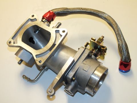 2003 Ford Crown Victoria - Throttle body joined to a flanged aluminum intake casting with gold linkage and a braided hose with red fittings.