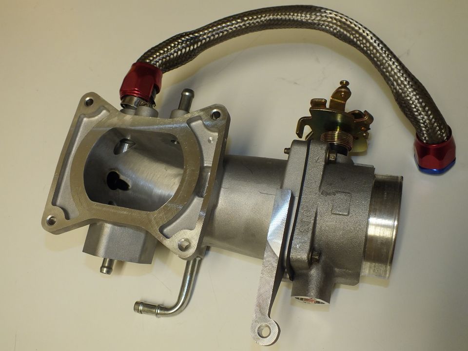 Aluminum intake elbow and throttle body assembly with braided line and red AN fittings