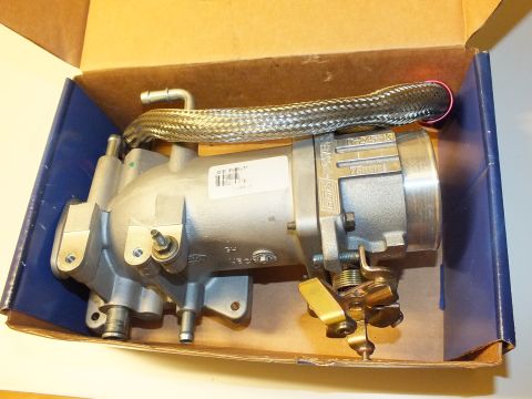 2003 Ford Crown Victoria - BBK 75mm throttle body joined to an aluminum intake casting, with braided line, inside a shipping box