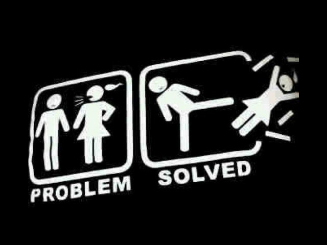 sticker shows two stick figures labeled 'PROBLEM', then a stick figure kicking another stick figure labeled 'SOLVED'