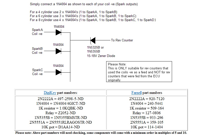 Diode circuit schematic for connecting coil negatives to a rev counter with part list