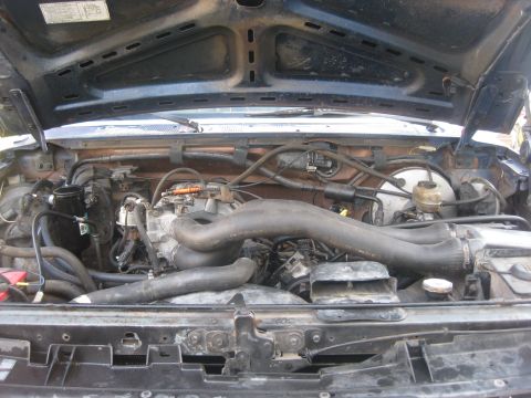1994 Ford Bronco - The engine bay of a 1994 Ford Bronco is visible with the hood raised, revealing the engine and associated parts.