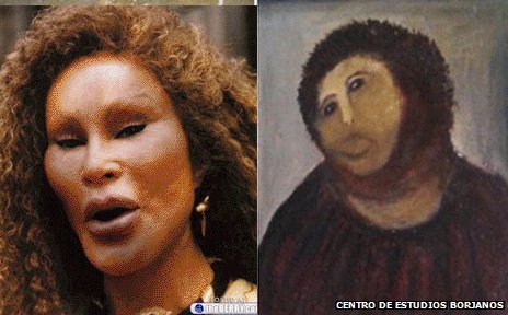 1971 Ford Ranchero - This image displays a split view, contrasting a woman's face with cosmetic surgery and a painting of Jesus.