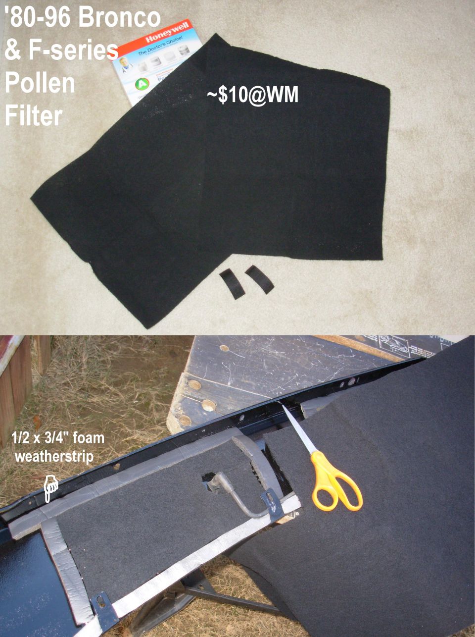 DIY cowl pollen filter made from black Honeywell filter material, installed with foam weatherstrip