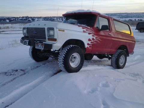 1979 Ford Bronco - Modified Ford Bronco with flame decals sits in a snowy landscape. Another vehicle is parked in the distance.