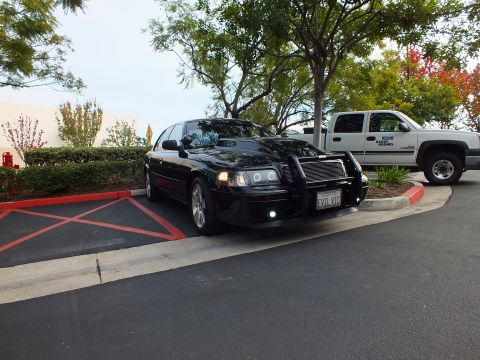 2003 Ford Crown Victoria - Black Ford sedan front three-quarter in a striped lot, white pickup and trees in background.