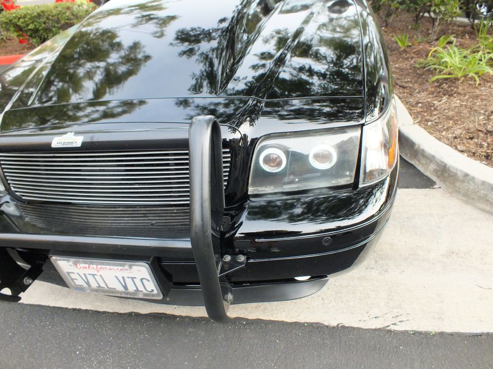 Close-up of black Ford Crown Victoria halo projector headlight and front quarter, EVIL VTC plate