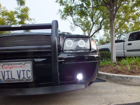 2003 Ford Crown Victoria - Low front view of a Crown Victoria, halo lamps and white foglight on, pickup truck parked behind.