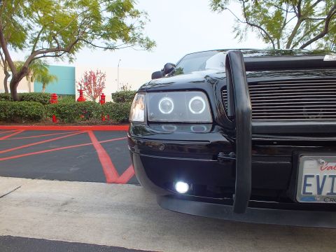 2003 Ford Crown Victoria - Front corner of a Crown Victoria with dual halo lamps, billet grille and white foglight, trees behind.
