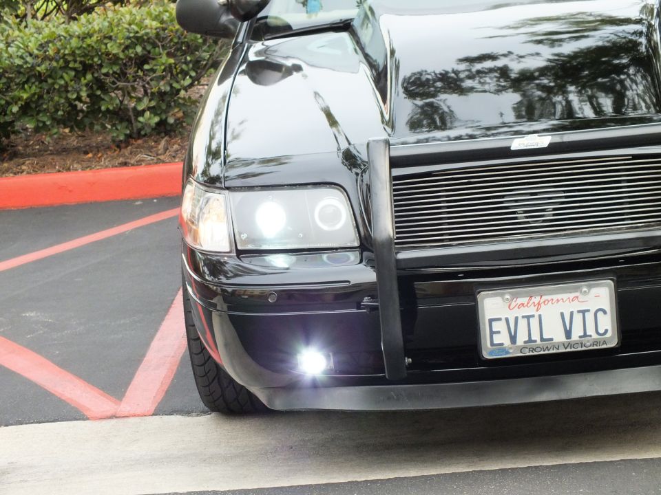 Close black Ford Crown Victoria front corner, halo headlight, EVIL VIC Crown Victoria plate frame