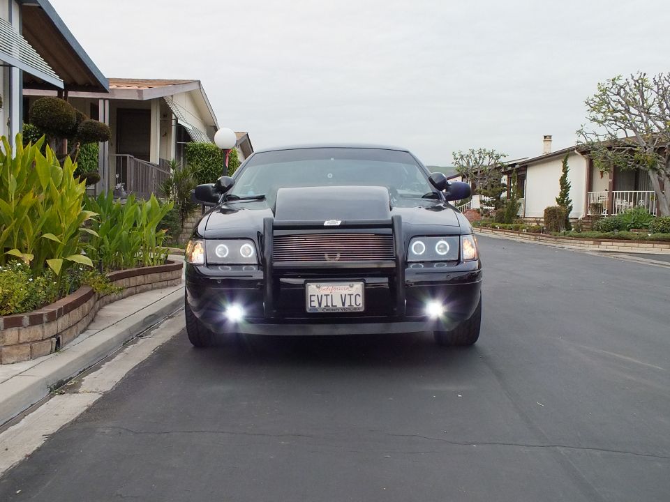 Black Crown Victoria front with halo headlights and fog lamps on neighborhood street, EVIL VIC plate