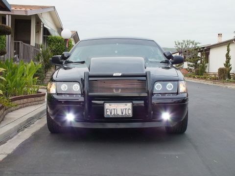 2003 Ford Crown Victoria - Black Crown Victoria front shot with bright halo headlights and fog lamps, EVIL VIC plate between them.