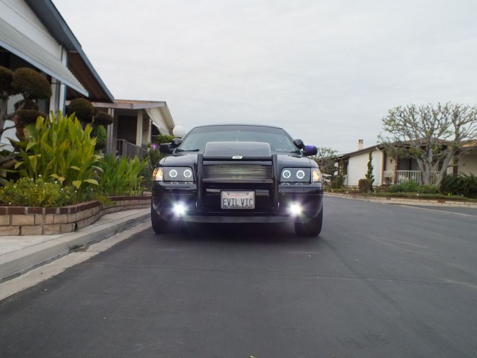Black Crown Victoria with fog lights on residential street, EVL VIC plate, low front angle