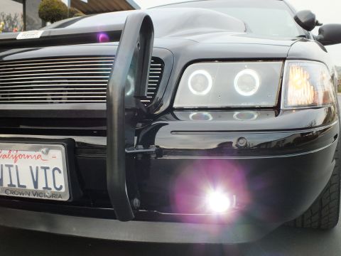 2003 Ford Crown Victoria - Low front-corner view of a Crown Victoria with chrome billet grille, push bar and lit fog lamp flare.