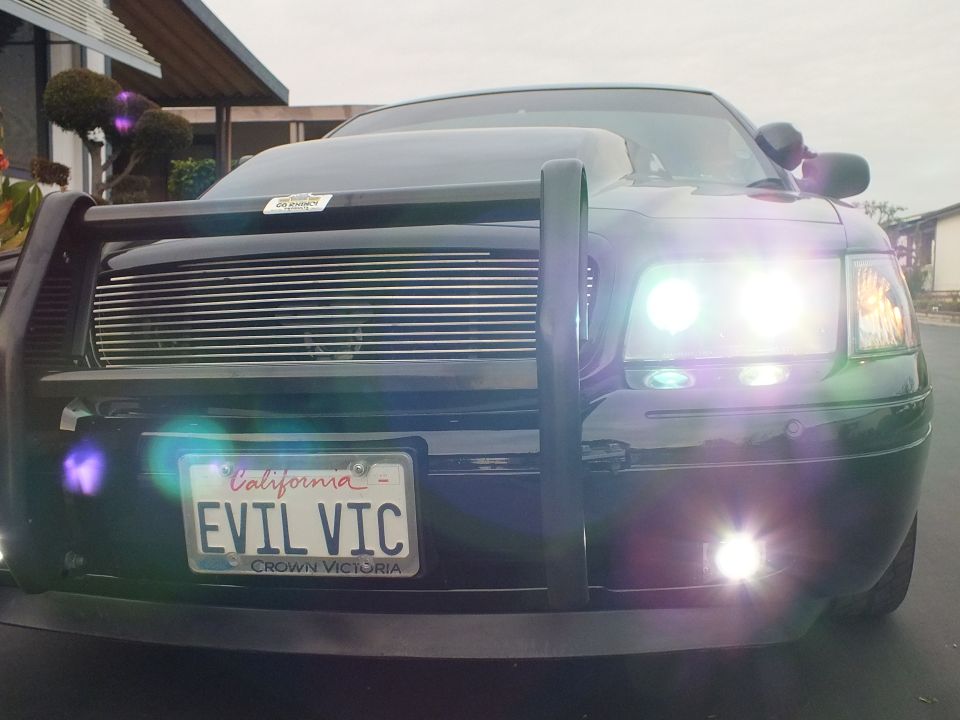 Black Crown Victoria front at dusk with lit headlights, push bar and EVIL VIC plate
