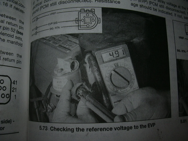 Manual photo 5.73 checking reference voltage to the EVP sensor with a multimeter reading 4.91