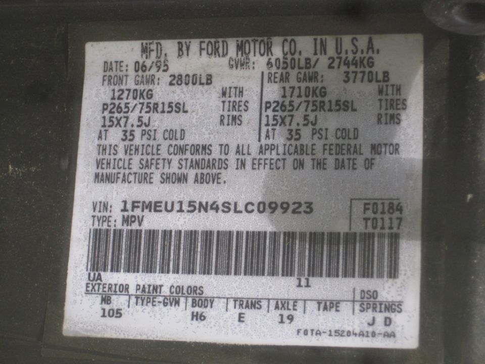 Ford door-jamb certification label dated 06/95 with GVWR, GAWR, tire sizes, VIN and paint/trim codes