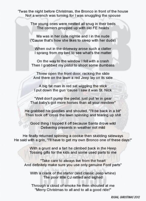 1989 Ford Bronco - A Christmas poem that mentions a Bronco and a Jeep, overlaid on a faint vehicle outline.